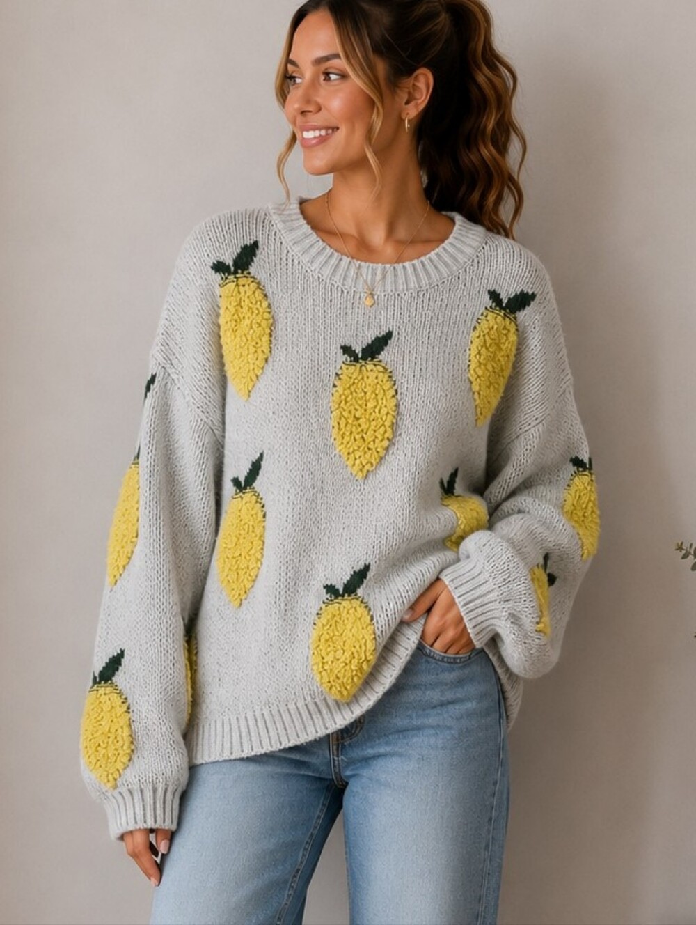 moon & madison Light Blue Sweater with Yellow Lemon Motif